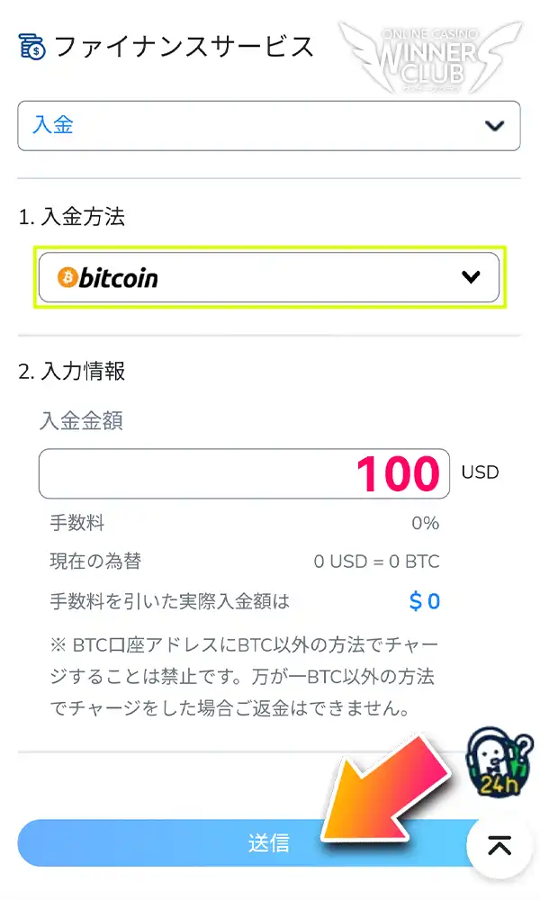 入金方法と入金額を入力